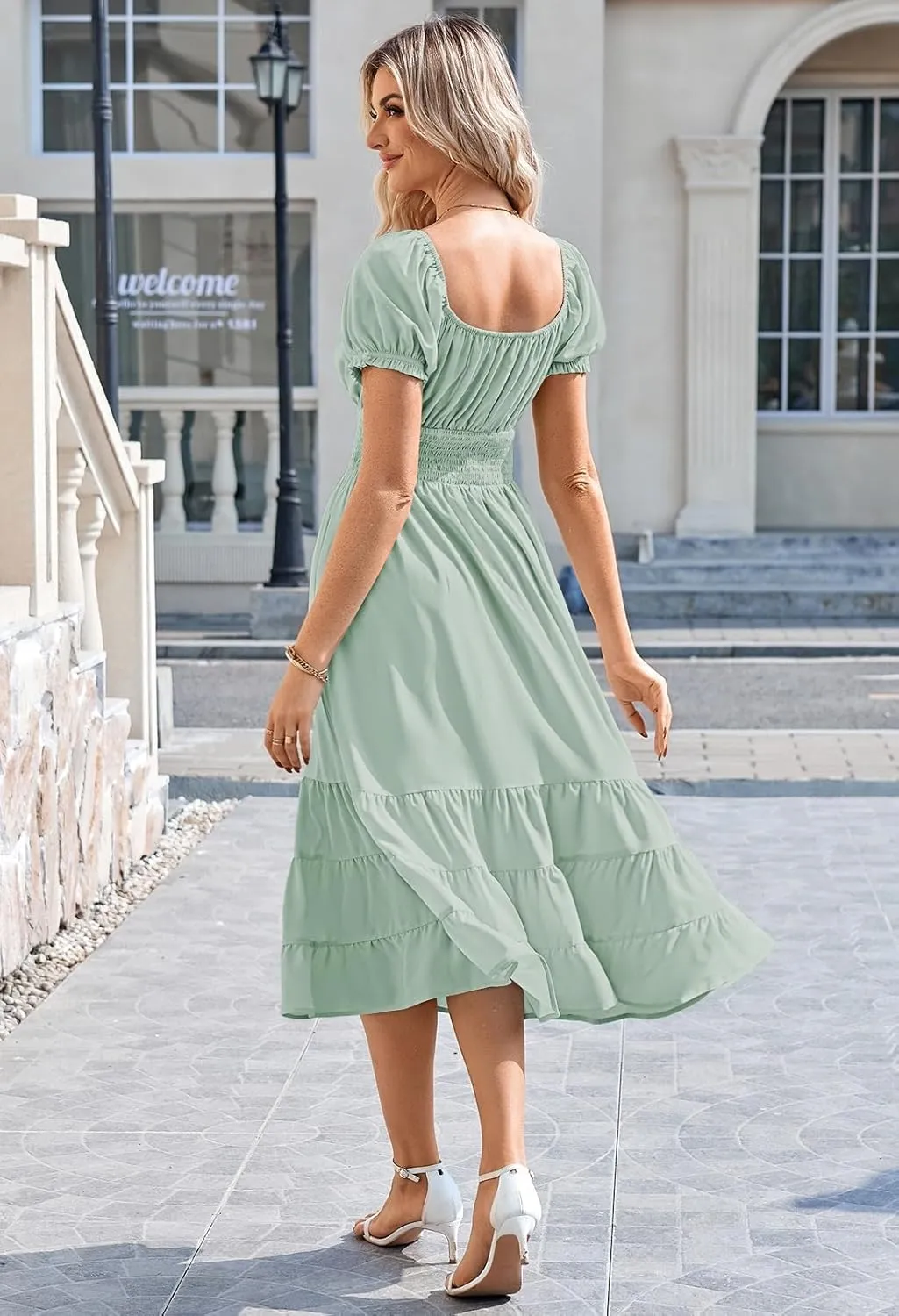 Duigluw Dresses for Women 2025 Casual Summer Short Puff Sleeve Square Neck A-Line Flared Dress