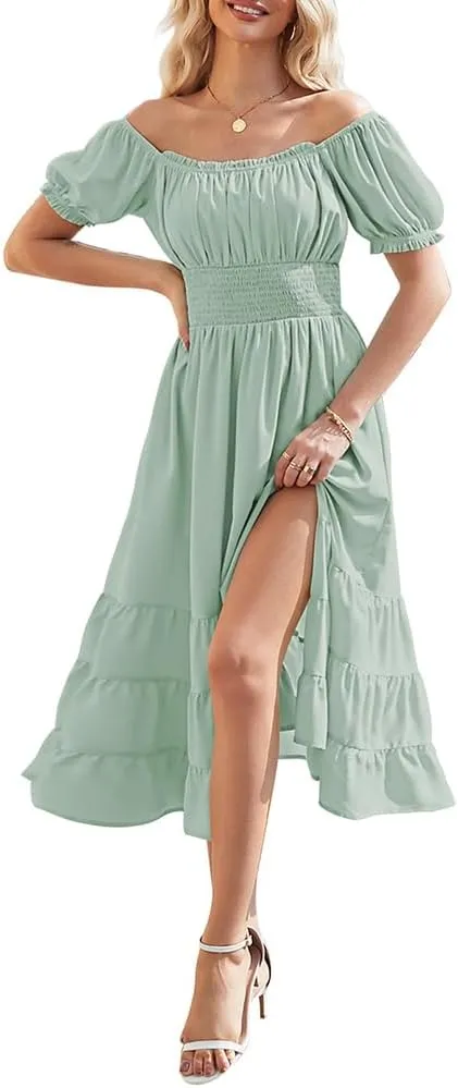 Duigluw Dresses for Women 2025 Casual Summer Short Puff Sleeve Square Neck A-Line Flared Dress