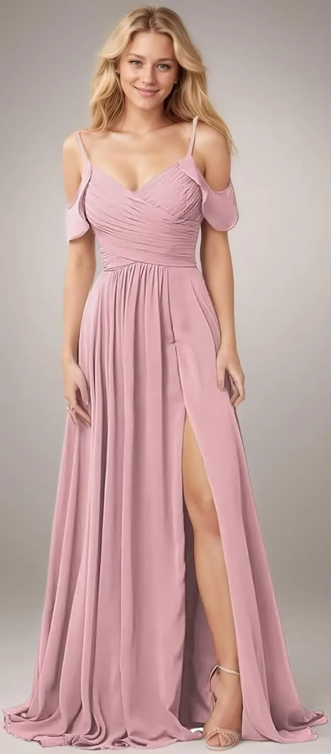 Dymaisei Off The Shoulder Long Bridesmaid Dresses for Women Pleated Chiffon Formal Evening Party Gown with Slit