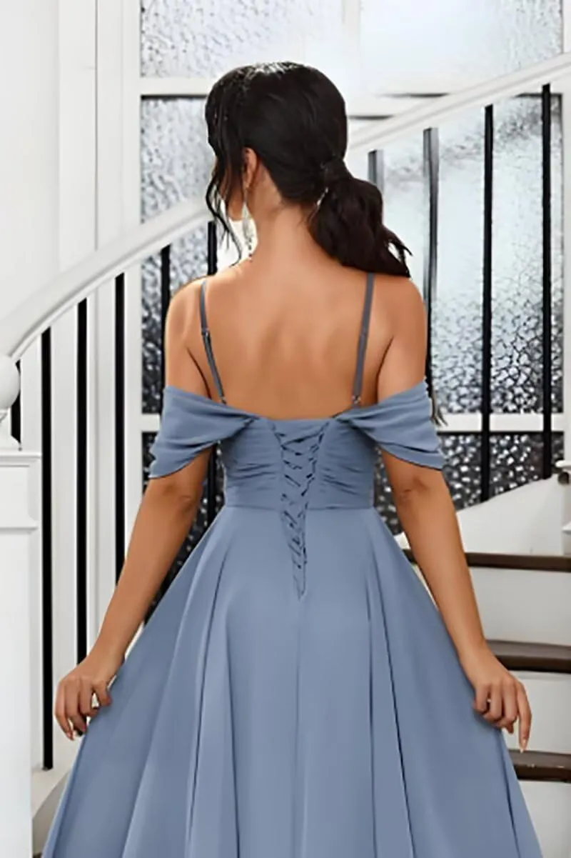 Dymaisei Off The Shoulder Long Bridesmaid Dresses for Women Pleated Chiffon Formal Evening Party Gown with Slit