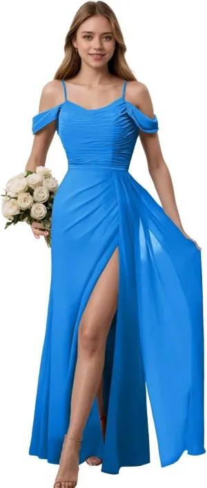 Dymaisei Off The Shoulder Long Bridesmaid Dresses for Women Pleated Chiffon Formal Evening Party Gown with Slit