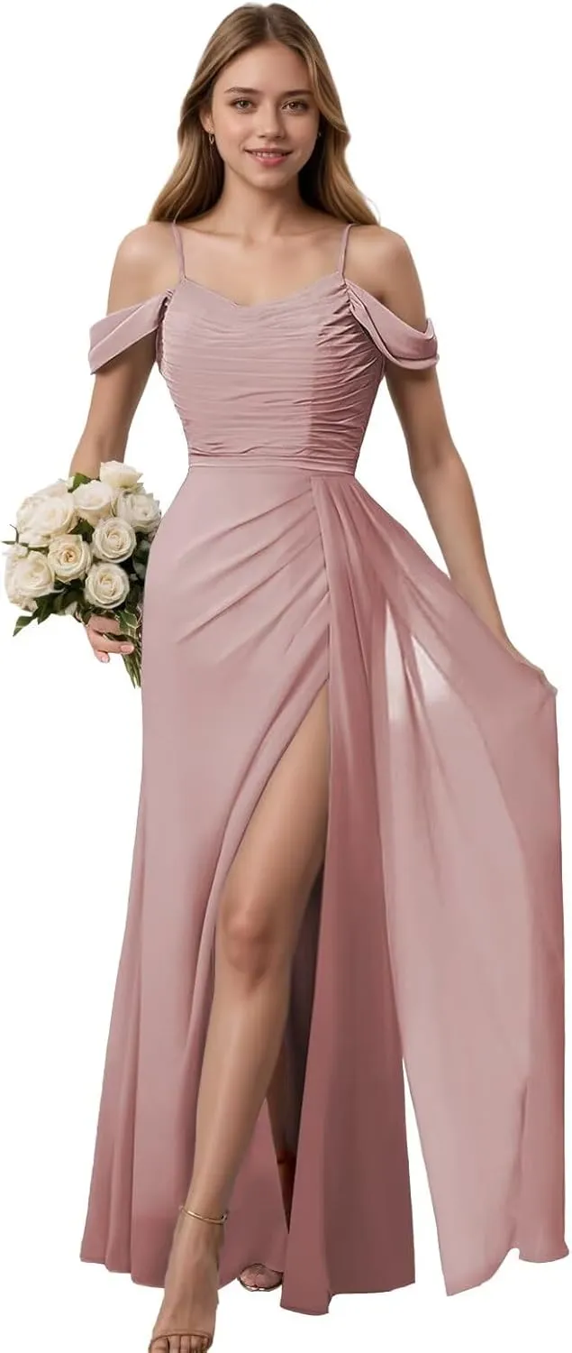 Dymaisei Off The Shoulder Long Bridesmaid Dresses for Women Pleated Chiffon Formal Evening Party Gown with Slit