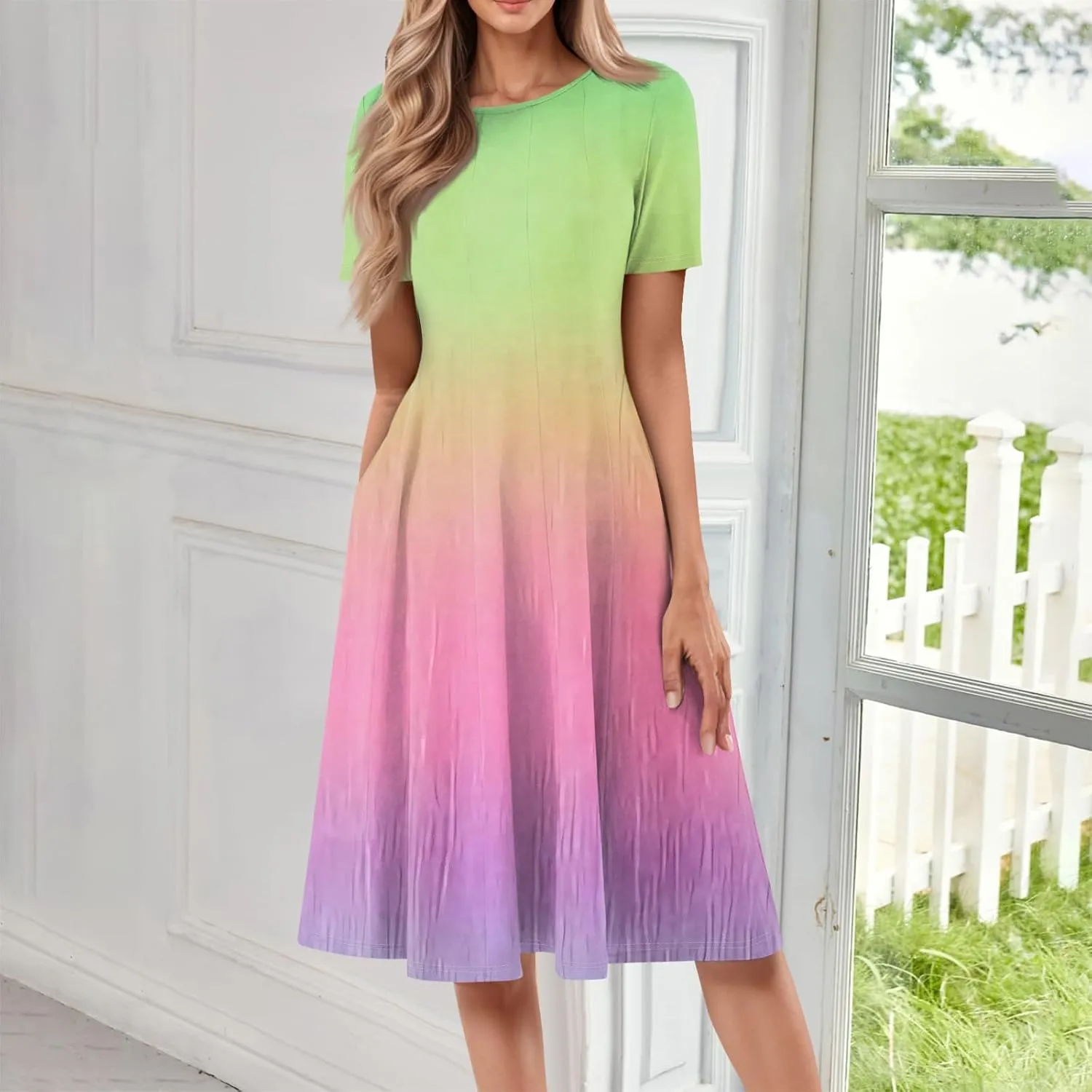 Easter Dress for Women Short Sleeve Casual Flowy Trendy Vacation Midi Dress Crewneck Beach Long Sundresses Summer