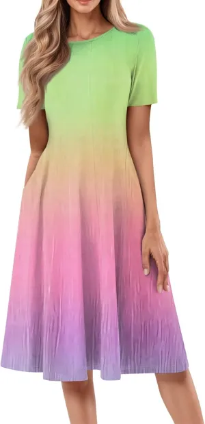 Easter Dress for Women Short Sleeve Casual Flowy Trendy Vacation Midi Dress Crewneck Beach Long Sundresses Summer
