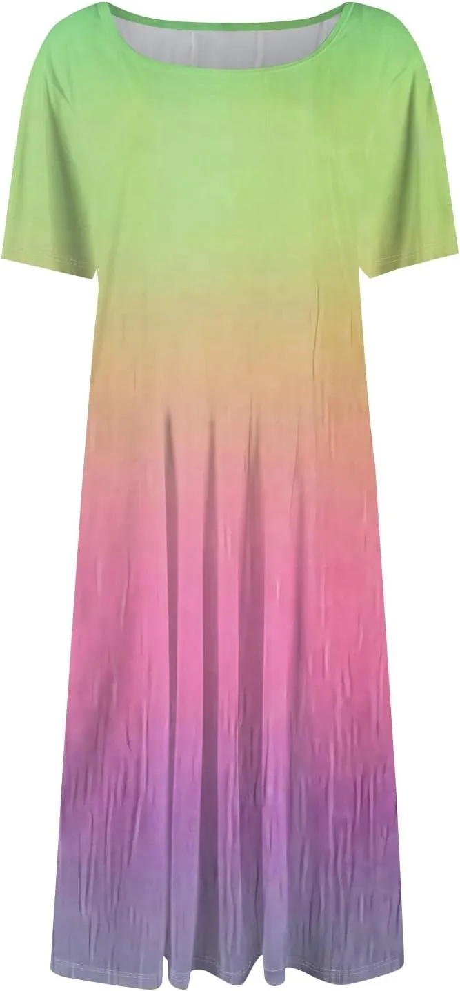 Easter Dress for Women Short Sleeve Casual Flowy Trendy Vacation Midi Dress Crewneck Beach Long Sundresses Summer