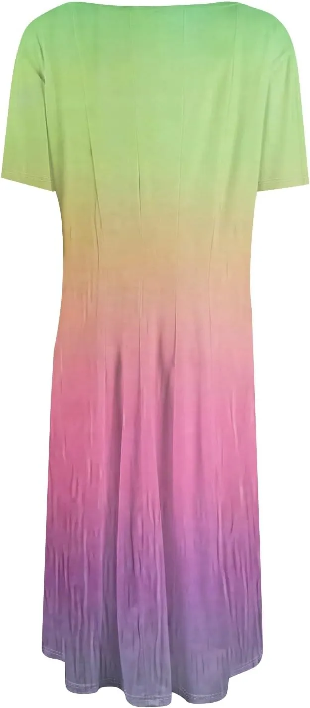 Easter Dress for Women Short Sleeve Casual Flowy Trendy Vacation Midi Dress Crewneck Beach Long Sundresses Summer