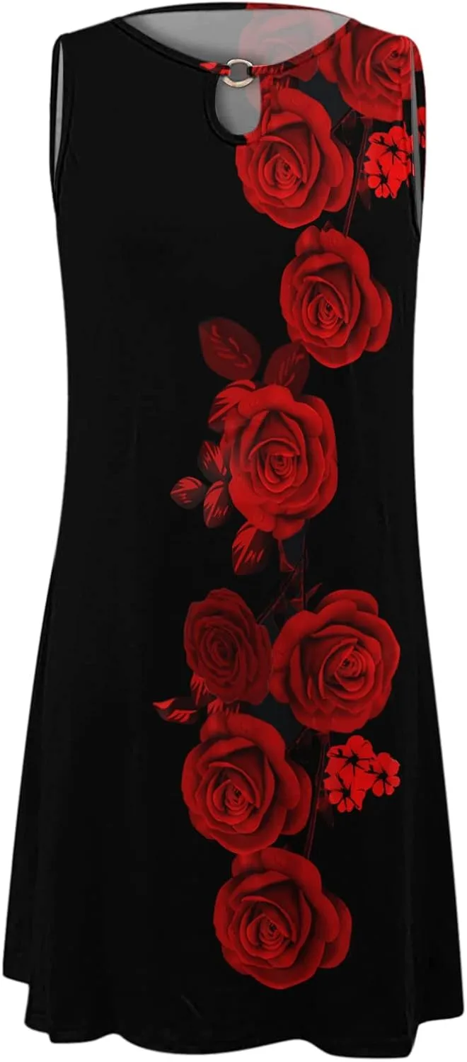 Eduavar Summer Dresses for Women 2024, Mini Dresses for Women Summer Floral Print Sleeveless Crew Neck Beach Tank Dress