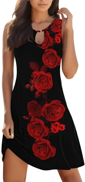 Eduavar Summer Dresses for Women 2024, Mini Dresses for Women Summer Floral Print Sleeveless Crew Neck Beach Tank Dress
