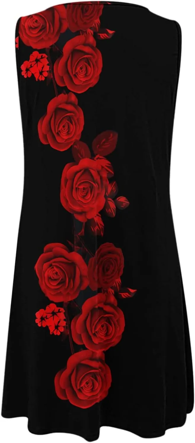 Eduavar Summer Dresses for Women 2024, Mini Dresses for Women Summer Floral Print Sleeveless Crew Neck Beach Tank Dress