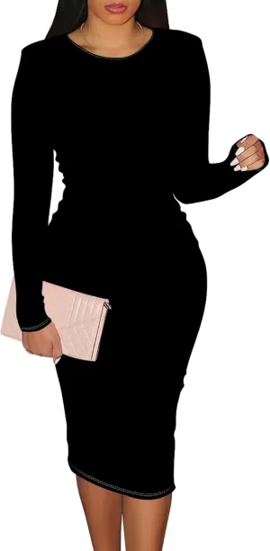 Elegant Basic Round Neck Midi Dress - Long Sleeve Bodycon Work Office Pencil Dress for Women