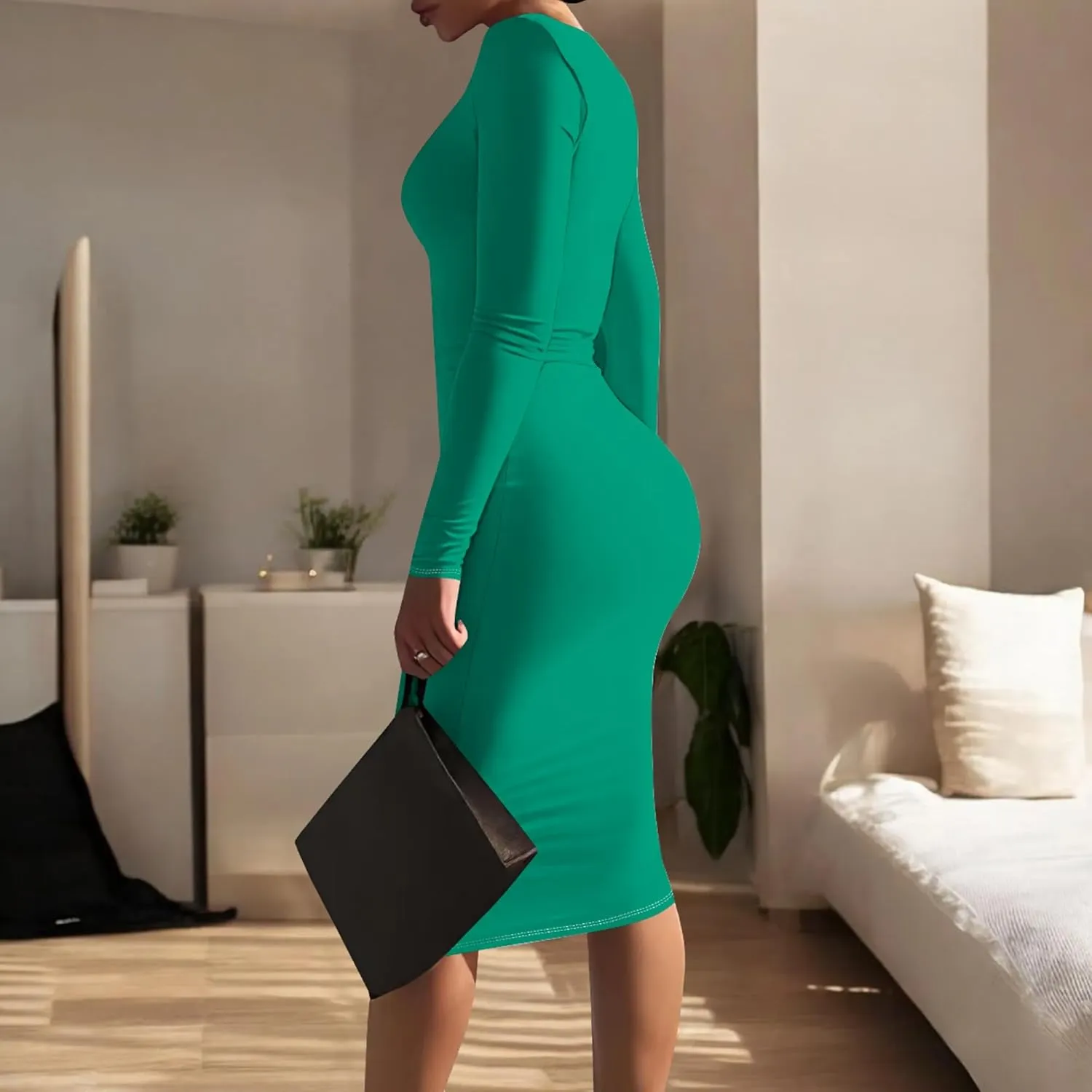 Elegant Basic Round Neck Midi Dress - Long Sleeve Bodycon Work Office Pencil Dress for Women