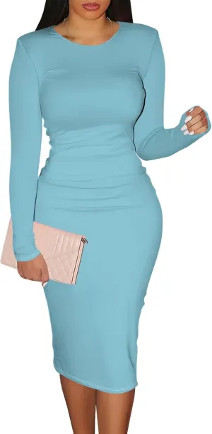 Elegant Basic Round Neck Midi Dress - Long Sleeve Bodycon Work Office Pencil Dress for Women