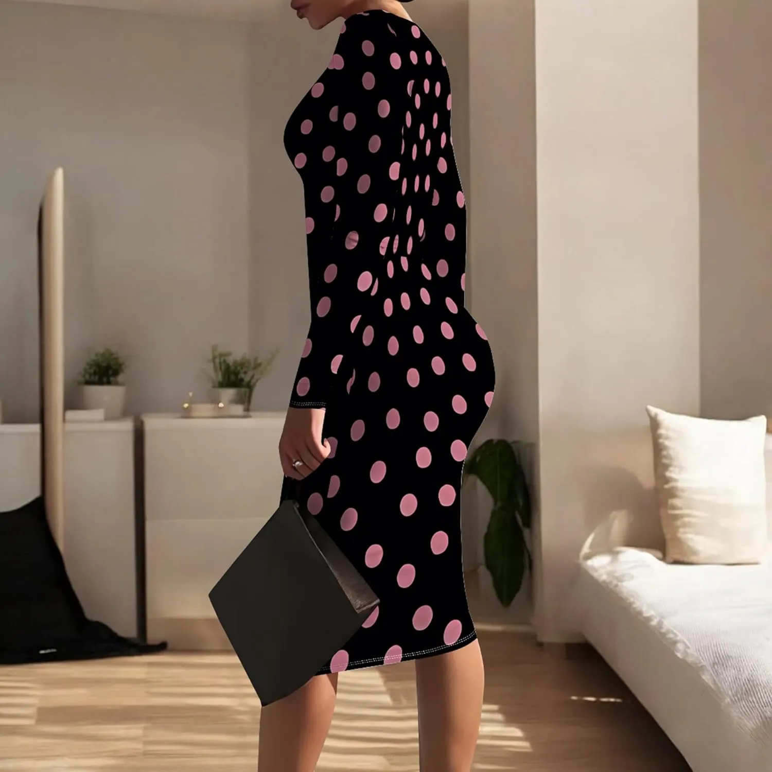 Elegant Basic Round Neck Midi Dress - Long Sleeve Bodycon Work Office Pencil Dress for Women