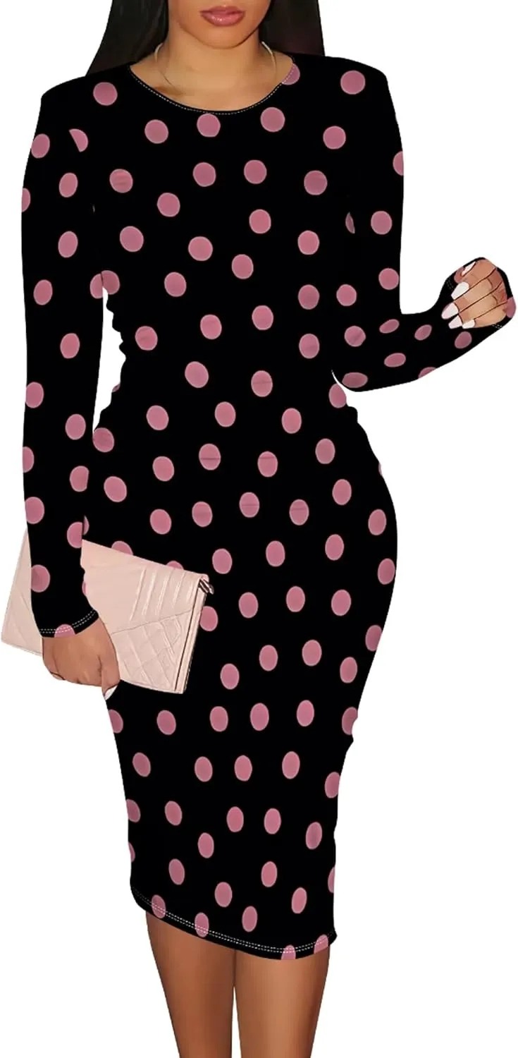 Elegant Basic Round Neck Midi Dress - Long Sleeve Bodycon Work Office Pencil Dress for Women
