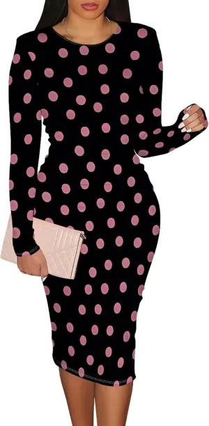 Elegant Basic Round Neck Midi Dress - Long Sleeve Bodycon Work Office Pencil Dress for Women
