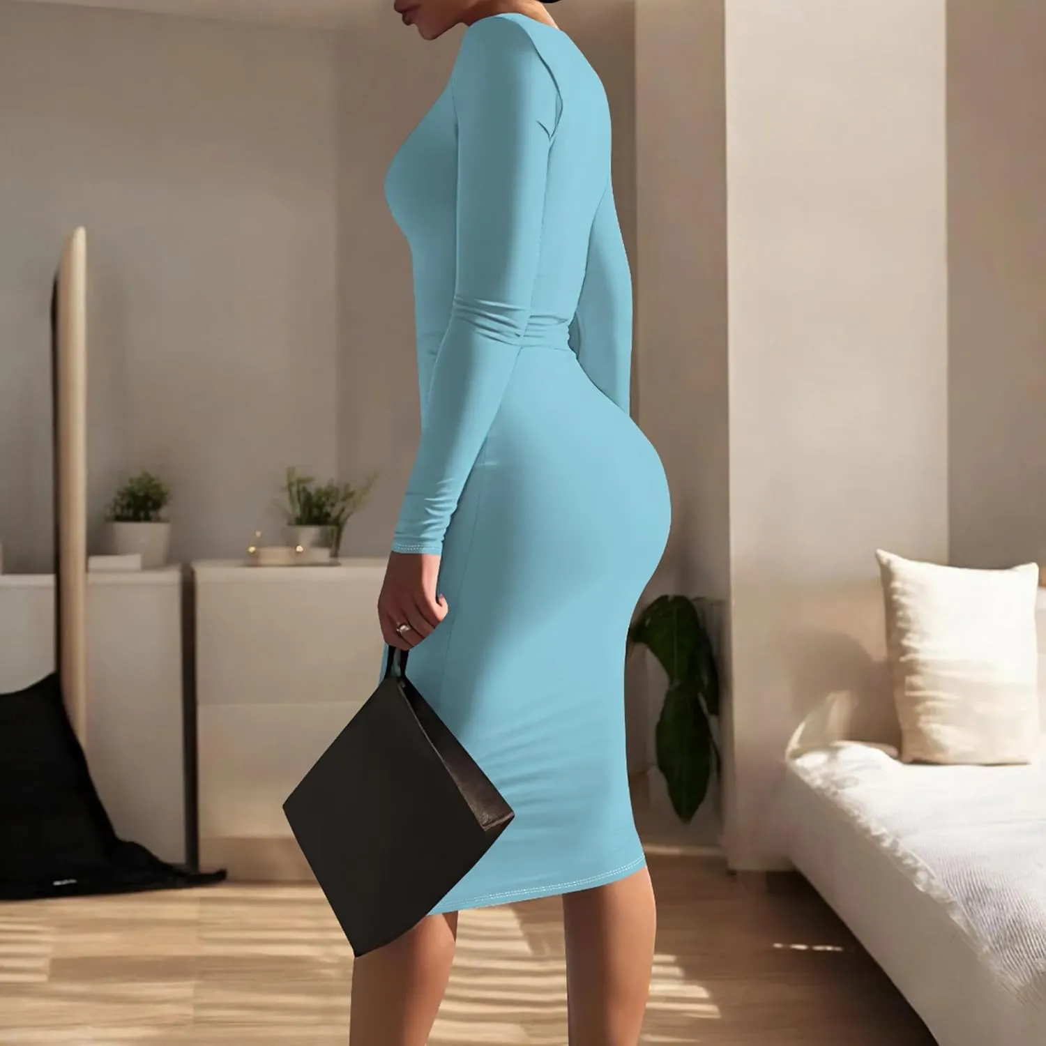 Elegant Basic Round Neck Midi Dress - Long Sleeve Bodycon Work Office Pencil Dress for Women
