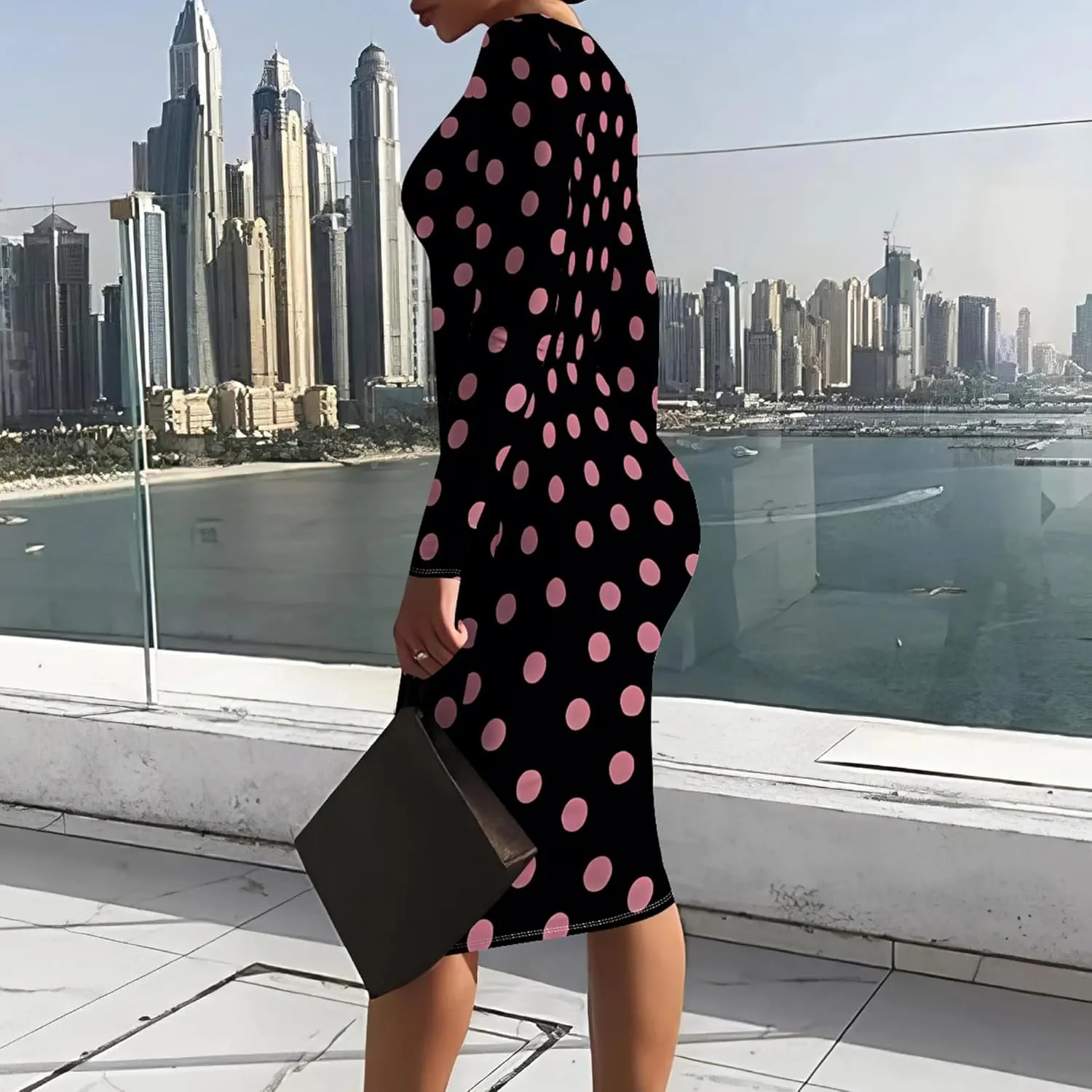 Elegant Basic Round Neck Midi Dress - Long Sleeve Bodycon Work Office Pencil Dress for Women