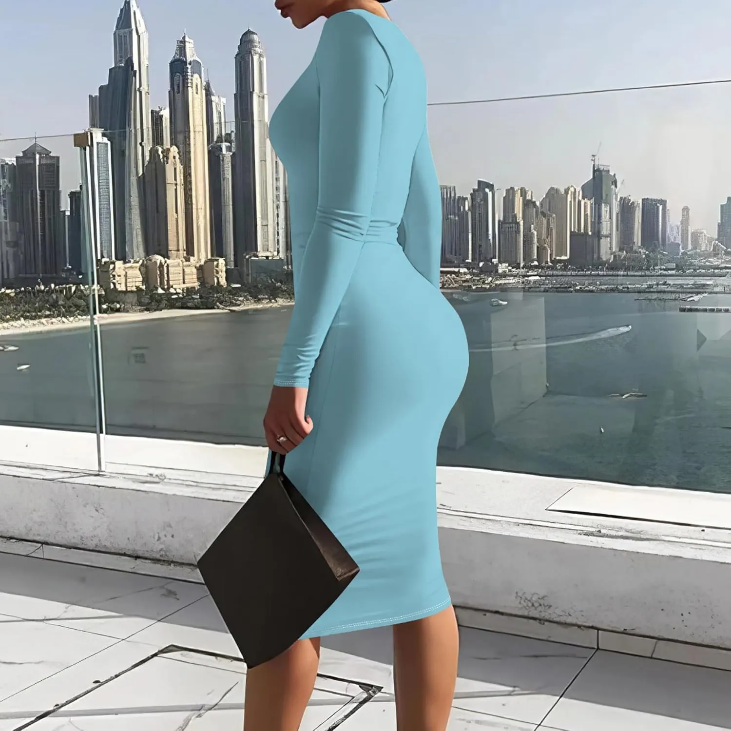 Elegant Basic Round Neck Midi Dress - Long Sleeve Bodycon Work Office Pencil Dress for Women