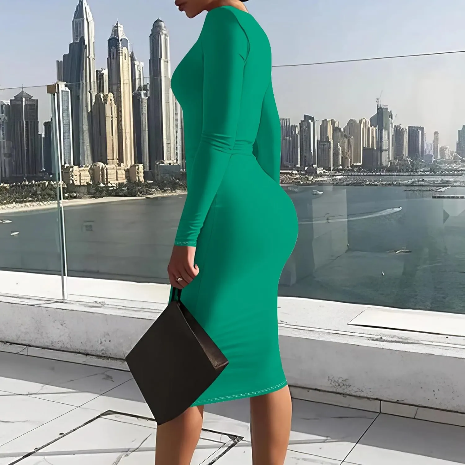 Elegant Basic Round Neck Midi Dress - Long Sleeve Bodycon Work Office Pencil Dress for Women