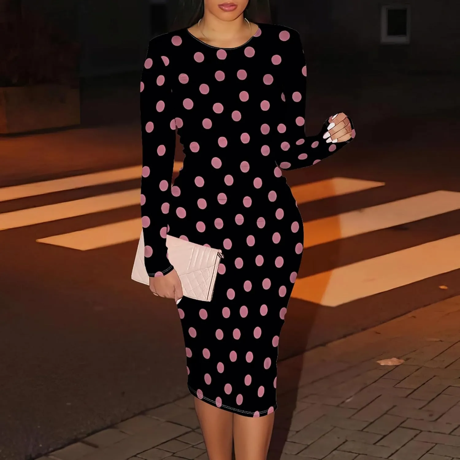 Elegant Basic Round Neck Midi Dress - Long Sleeve Bodycon Work Office Pencil Dress for Women