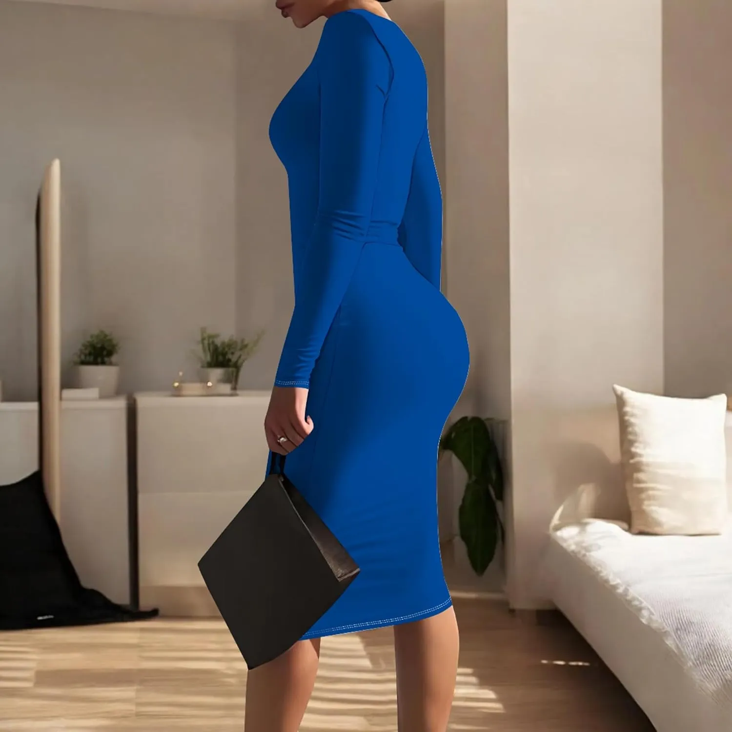 Elegant Basic Round Neck Midi Dress - Long Sleeve Bodycon Work Office Pencil Dress for Women