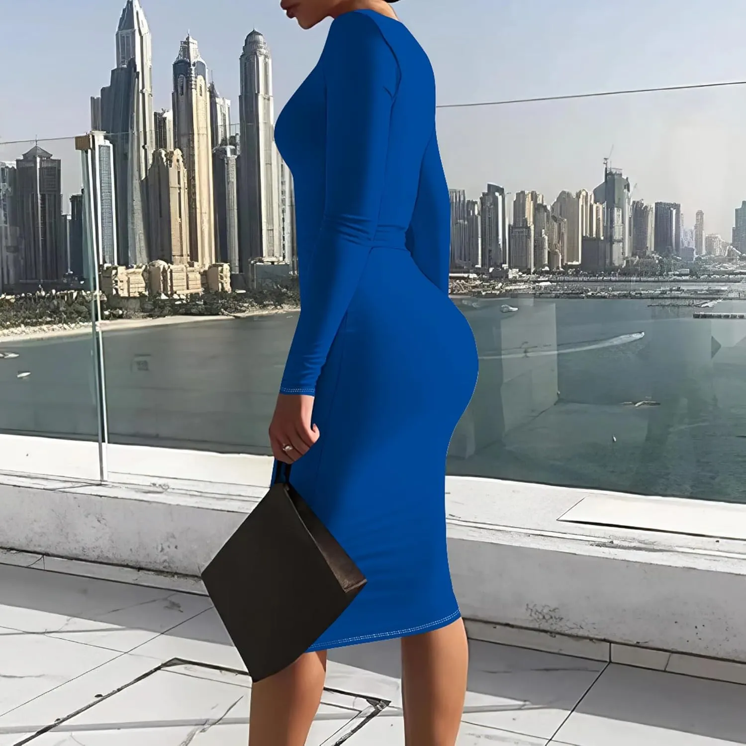 Elegant Basic Round Neck Midi Dress - Long Sleeve Bodycon Work Office Pencil Dress for Women