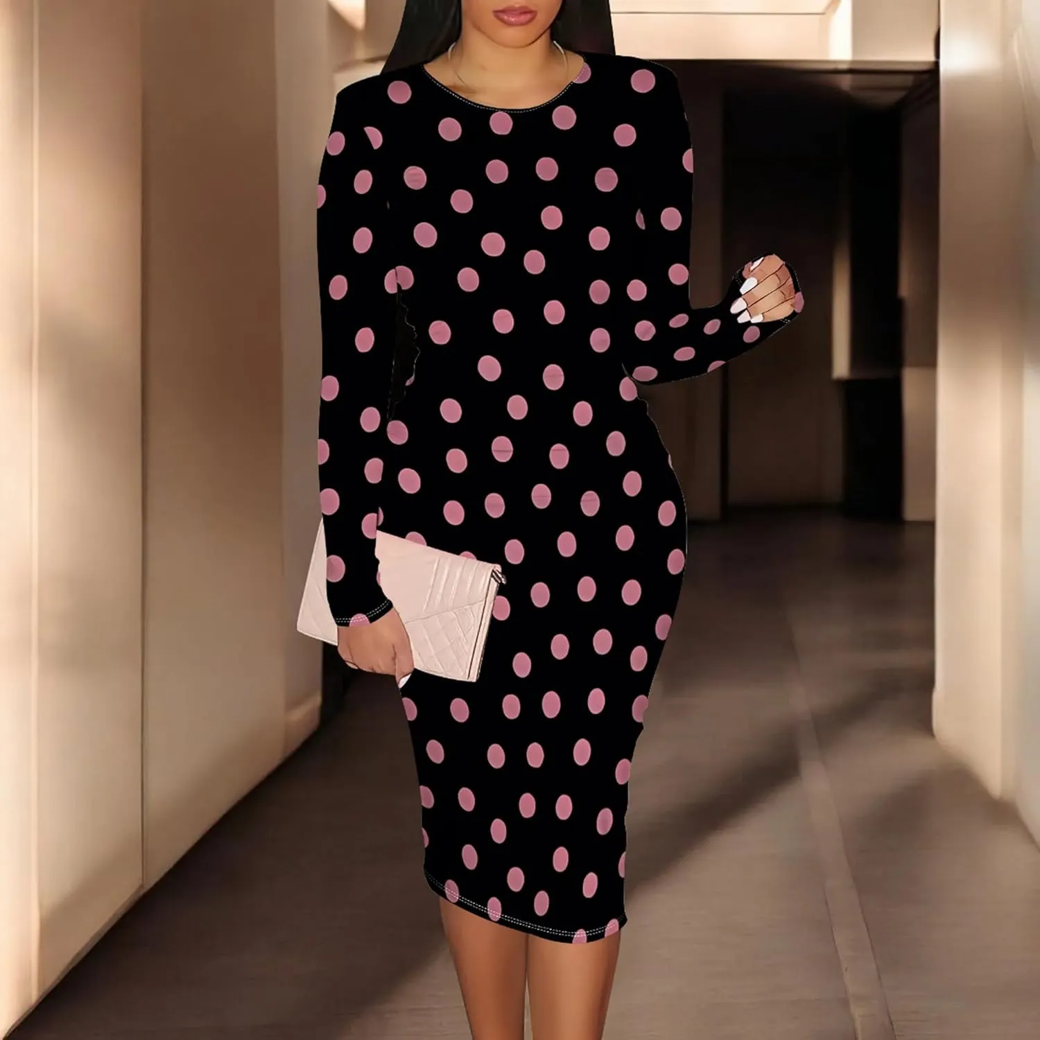 Elegant Basic Round Neck Midi Dress - Long Sleeve Bodycon Work Office Pencil Dress for Women
