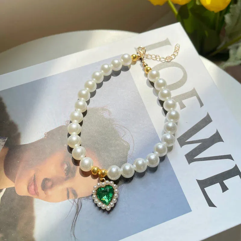 Elegant Pearl & Crystal Cat and Dog Necklace Collar with Scarf