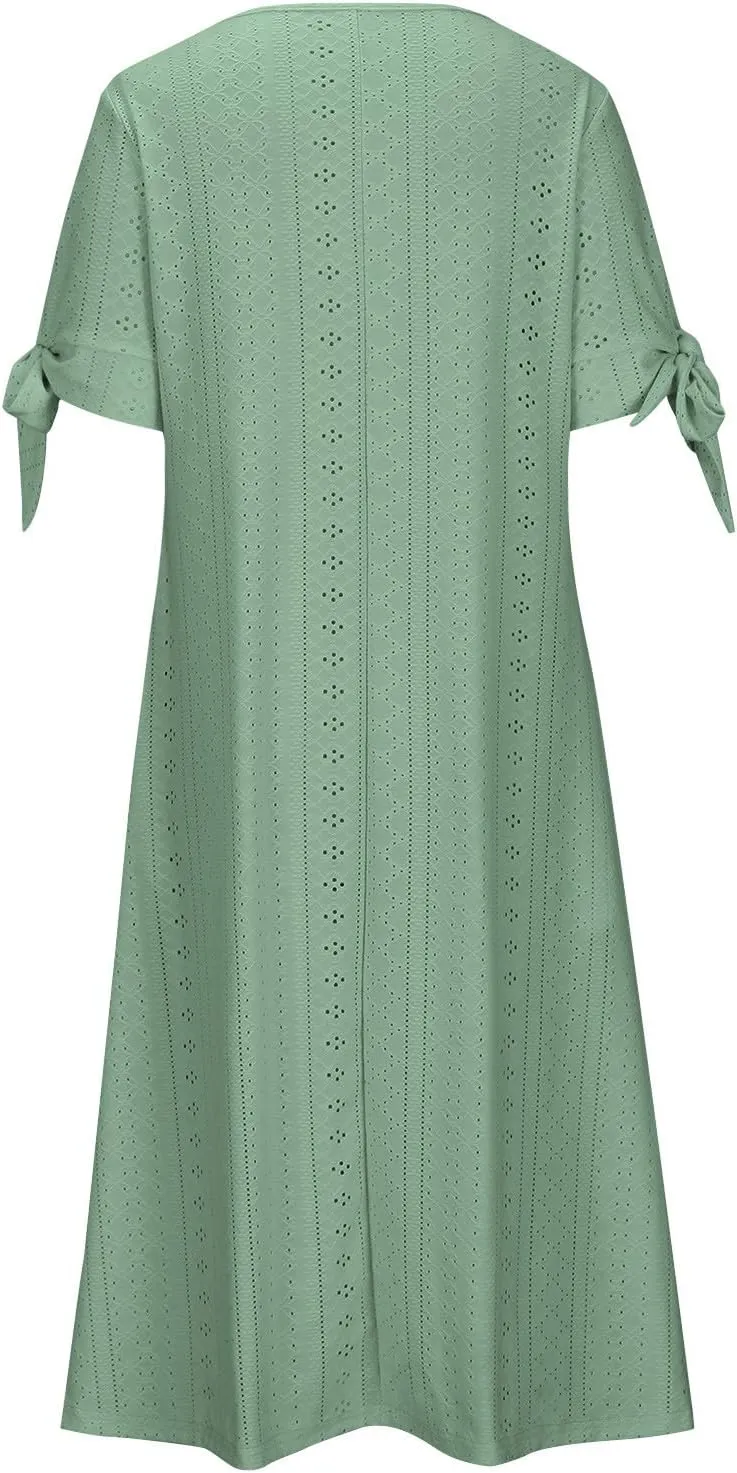 Elegant Summer Dresses for Women 2024 Trendy Tie Short Sleeve Button Down v Neck Eyelet Maxi Long Tshirt Dress