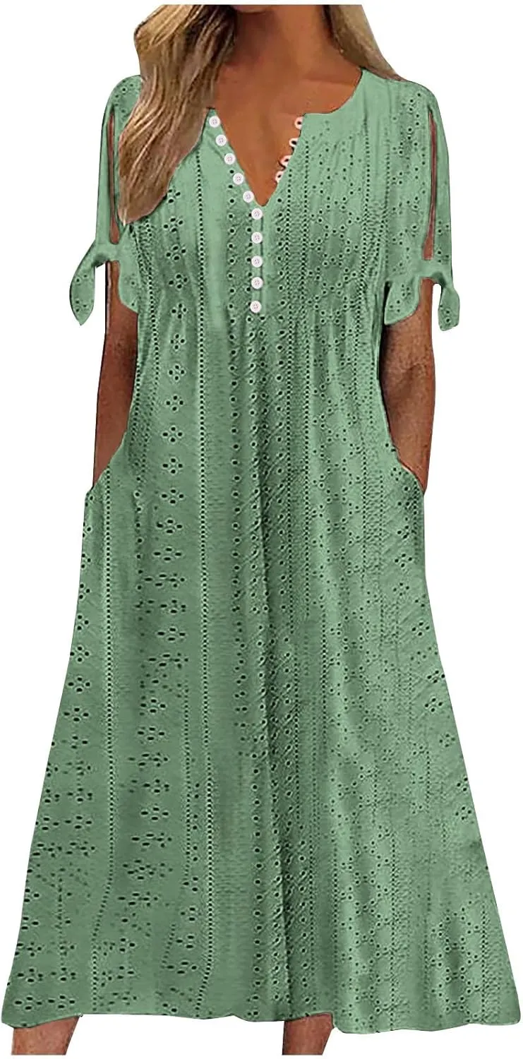 Elegant Summer Dresses for Women 2024 Trendy Tie Short Sleeve Button Down v Neck Eyelet Maxi Long Tshirt Dress