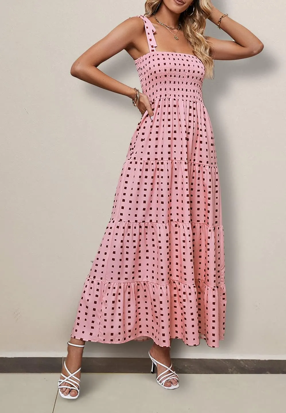 ELIGNTLOFT Women's Summer Casual Maxi Dress Spaghetti Strap Square Neck Boho Beach Long Sun Dresses