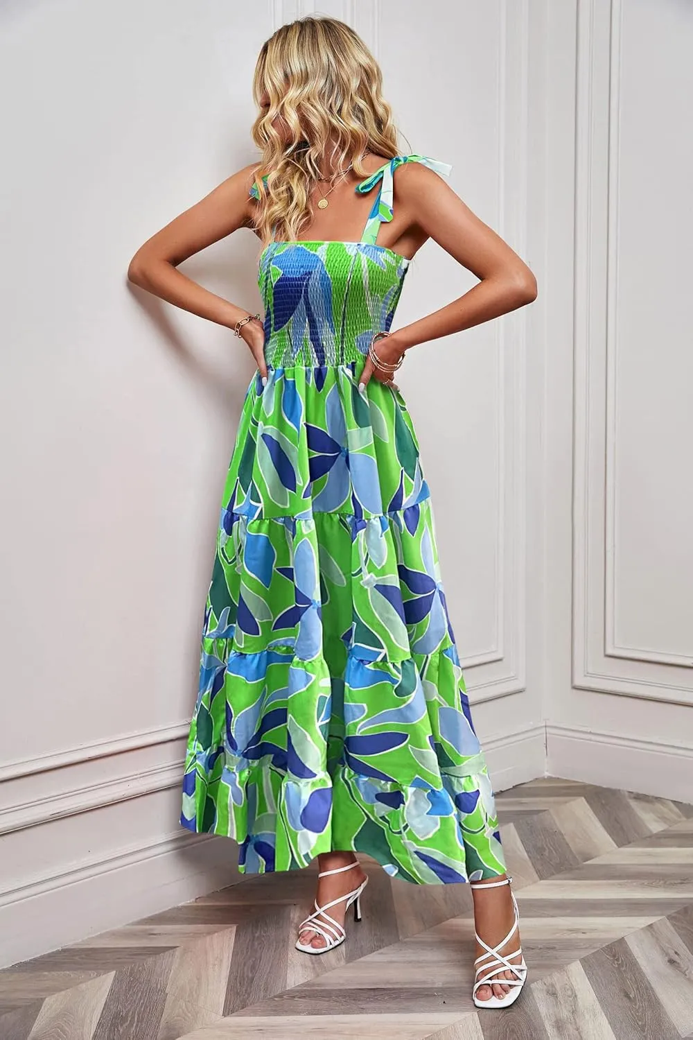ELIGNTLOFT Women's Summer Casual Maxi Dress Spaghetti Strap Square Neck Boho Beach Long Sun Dresses