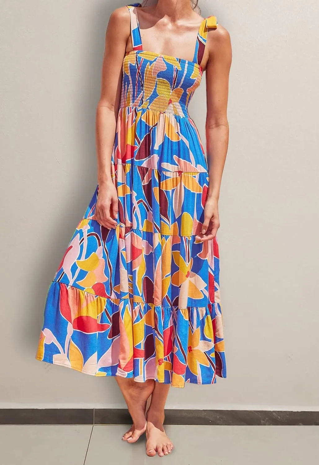 ELIGNTLOFT Women's Summer Casual Maxi Dress Spaghetti Strap Square Neck Boho Beach Long Sun Dresses