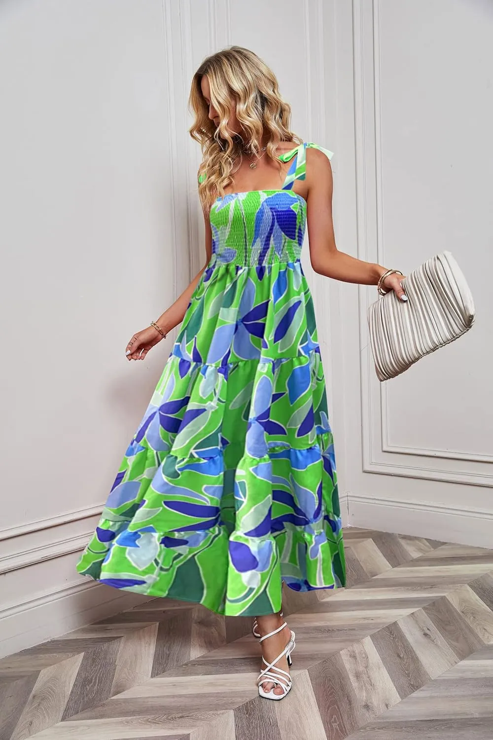 ELIGNTLOFT Women's Summer Casual Maxi Dress Spaghetti Strap Square Neck Boho Beach Long Sun Dresses