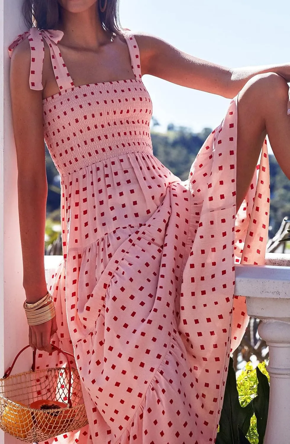 ELIGNTLOFT Women's Summer Casual Maxi Dress Spaghetti Strap Square Neck Boho Beach Long Sun Dresses