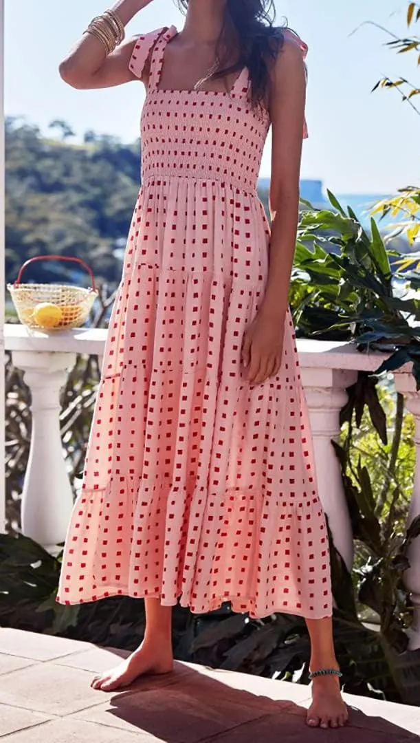 ELIGNTLOFT Women's Summer Casual Maxi Dress Spaghetti Strap Square Neck Boho Beach Long Sun Dresses