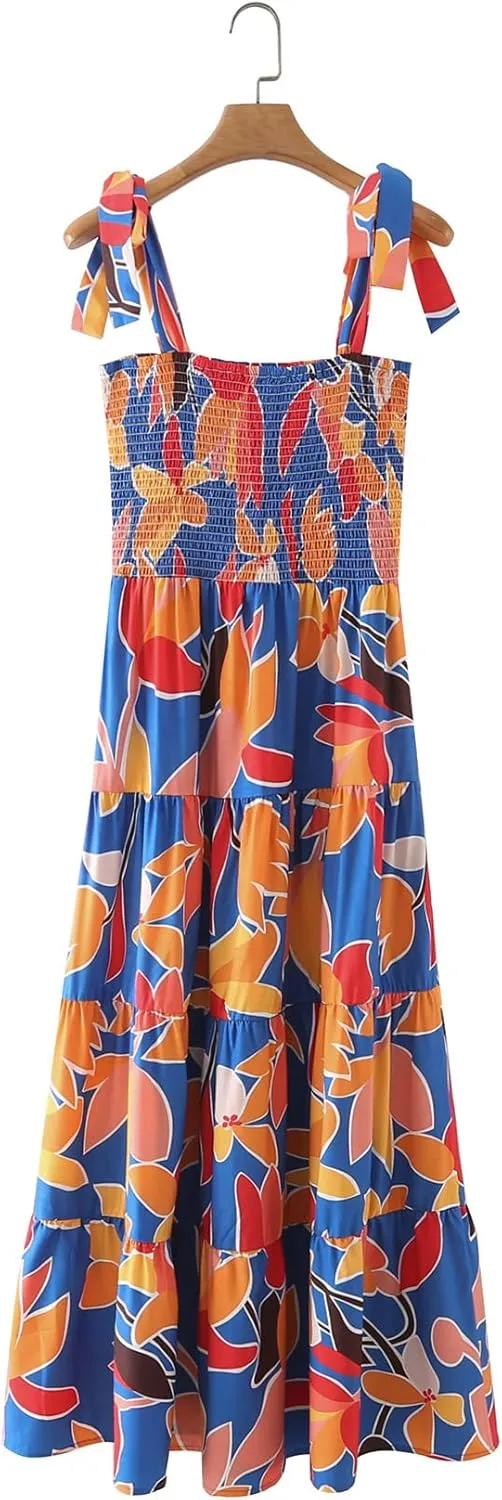 ELIGNTLOFT Women's Summer Casual Maxi Dress Spaghetti Strap Square Neck Boho Beach Long Sun Dresses