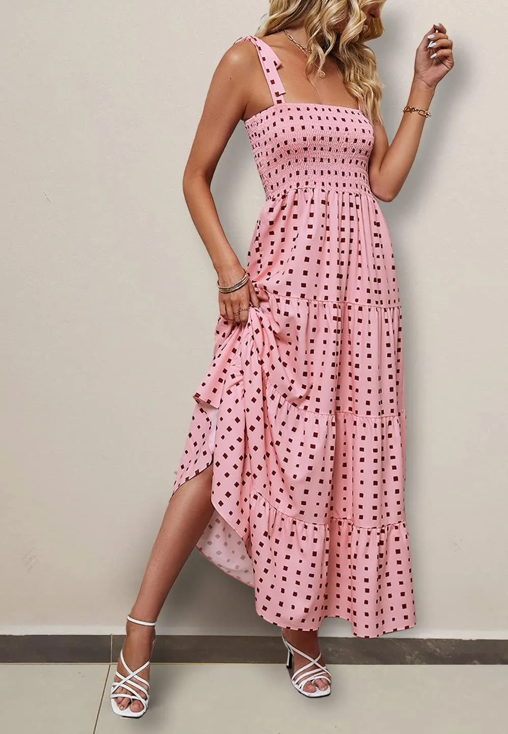 ELIGNTLOFT Women's Summer Casual Maxi Dress Spaghetti Strap Square Neck Boho Beach Long Sun Dresses