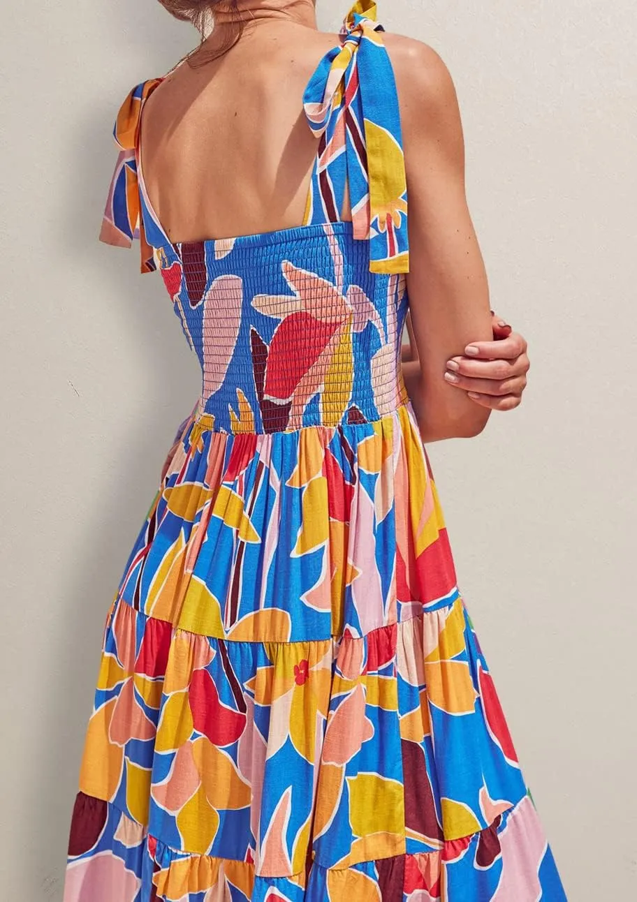 ELIGNTLOFT Women's Summer Casual Maxi Dress Spaghetti Strap Square Neck Boho Beach Long Sun Dresses