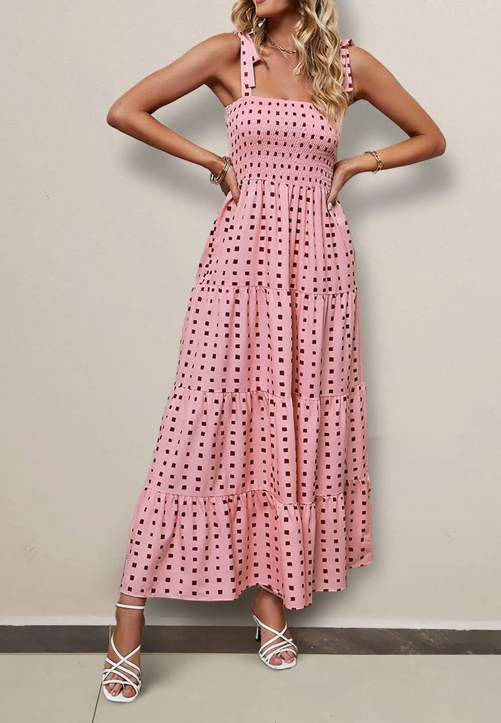 ELIGNTLOFT Women's Summer Casual Maxi Dress Spaghetti Strap Square Neck Boho Beach Long Sun Dresses