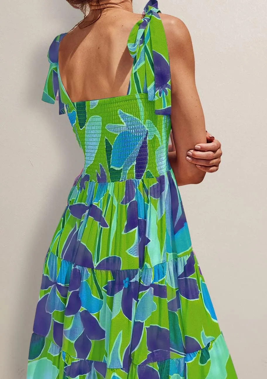 ELIGNTLOFT Women's Summer Casual Maxi Dress Spaghetti Strap Square Neck Boho Beach Long Sun Dresses