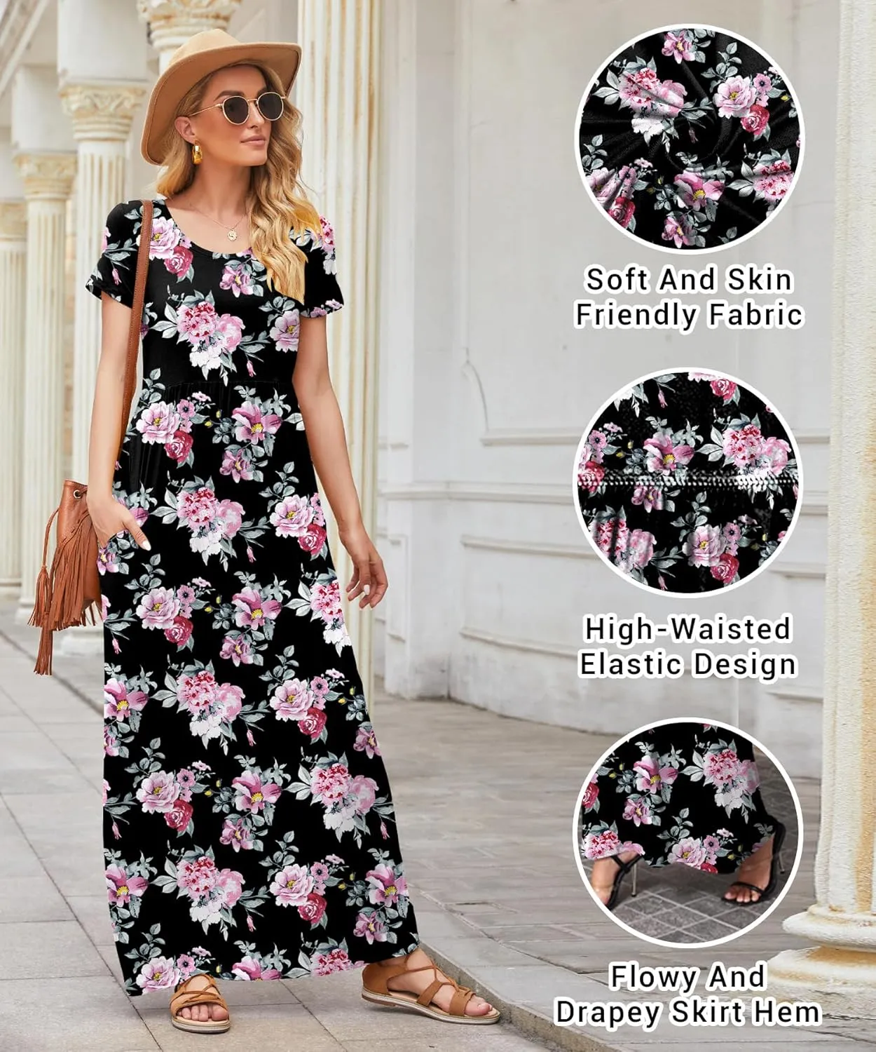 EUOVMY Women's Short Sleeve Loose Plain Maxi Dresses Casual Vacation Long Dresses with Pockets