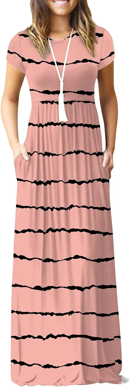 EUOVMY Women's Short Sleeve Loose Plain Maxi Dresses Casual Vacation Long Dresses with Pockets