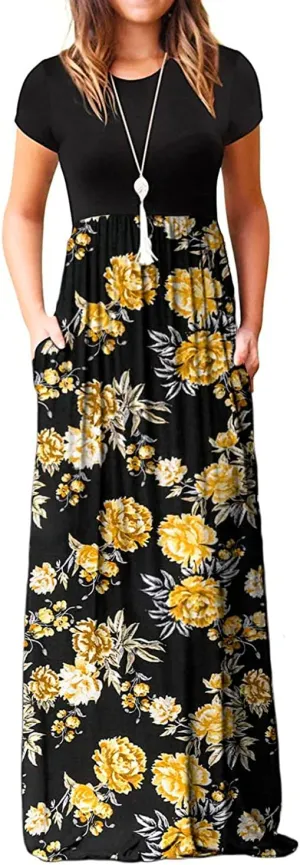 EUOVMY Women's Short Sleeve Loose Plain Maxi Dresses Casual Vacation Long Dresses with Pockets