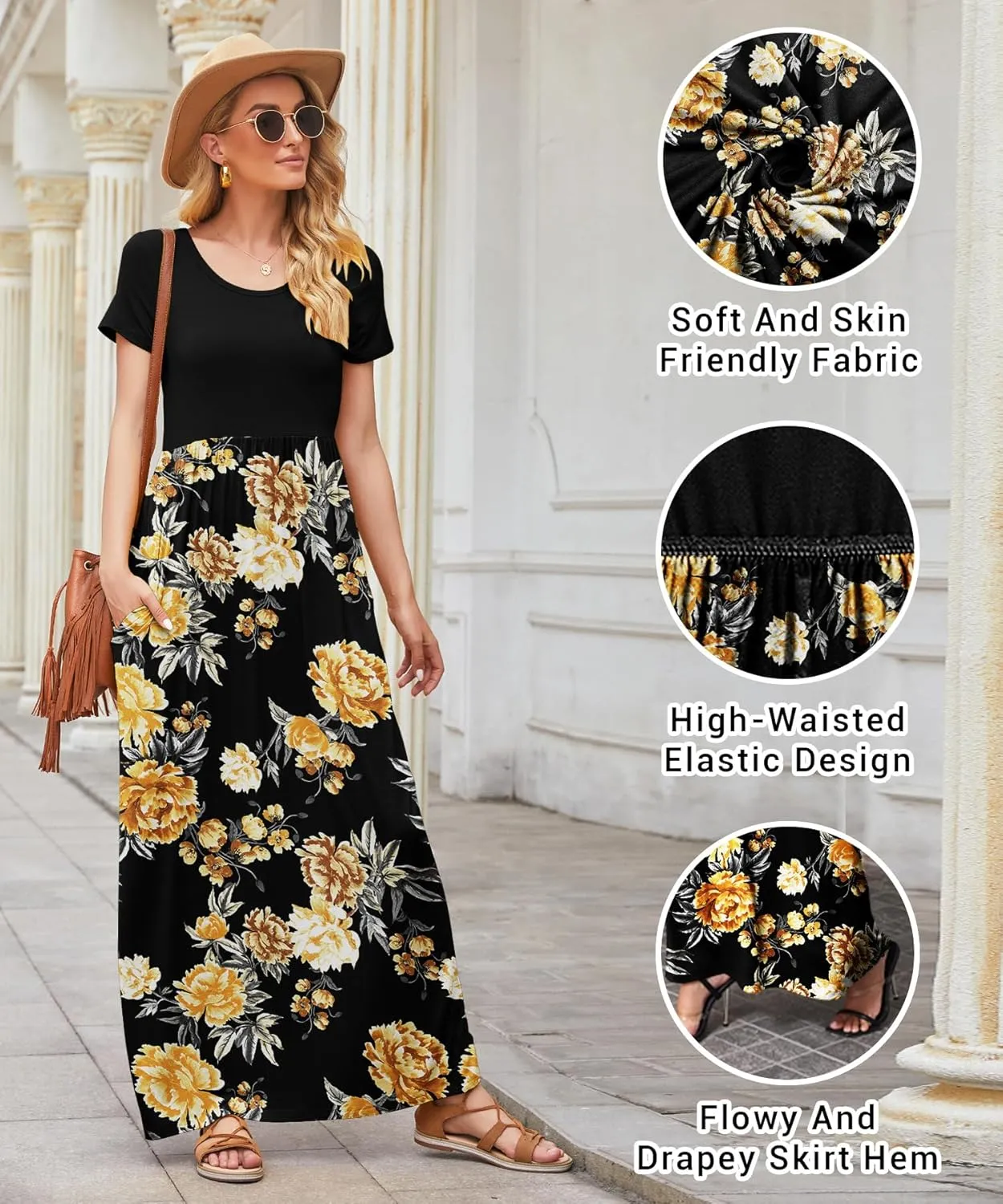 EUOVMY Women's Short Sleeve Loose Plain Maxi Dresses Casual Vacation Long Dresses with Pockets