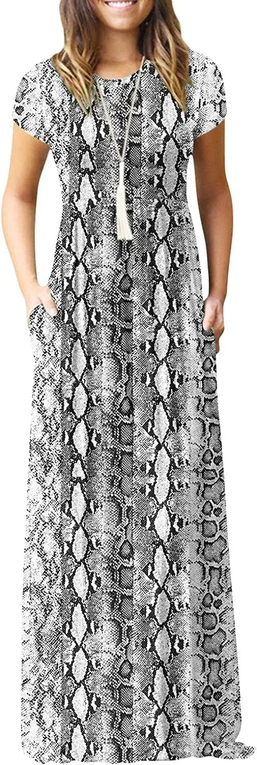 EUOVMY Women's Short Sleeve Loose Plain Maxi Dresses Casual Vacation Long Dresses with Pockets