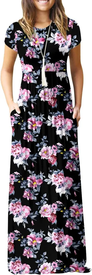EUOVMY Women's Short Sleeve Loose Plain Maxi Dresses Casual Vacation Long Dresses with Pockets