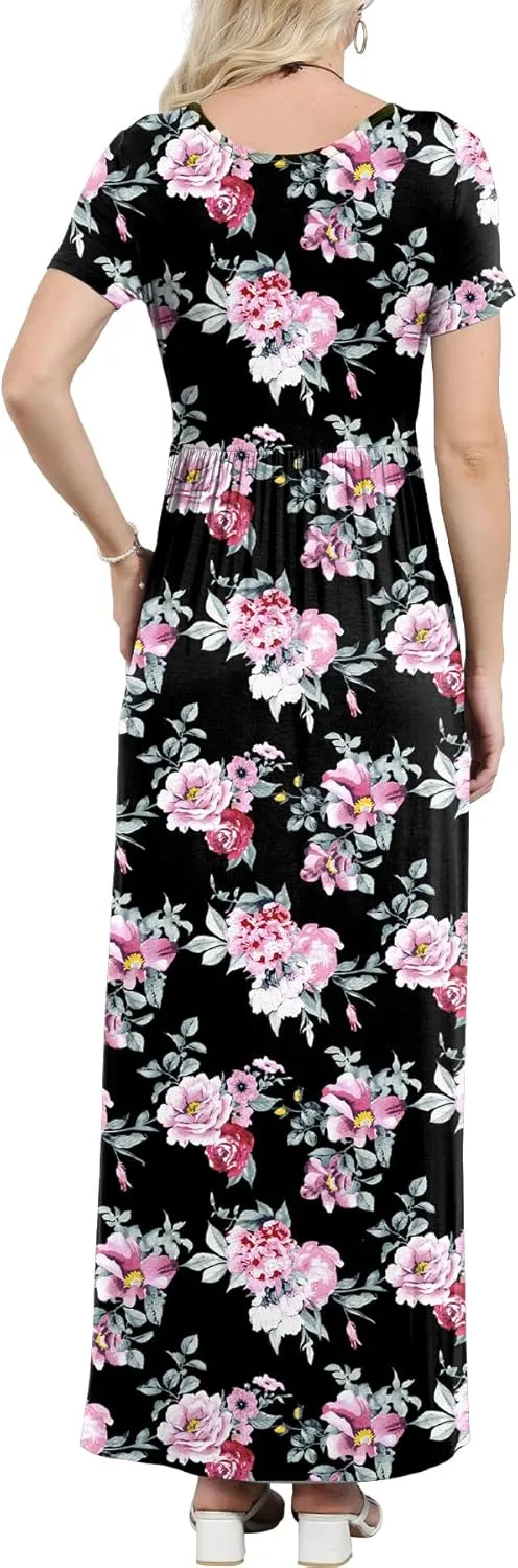 EUOVMY Women's Short Sleeve Loose Plain Maxi Dresses Casual Vacation Long Dresses with Pockets