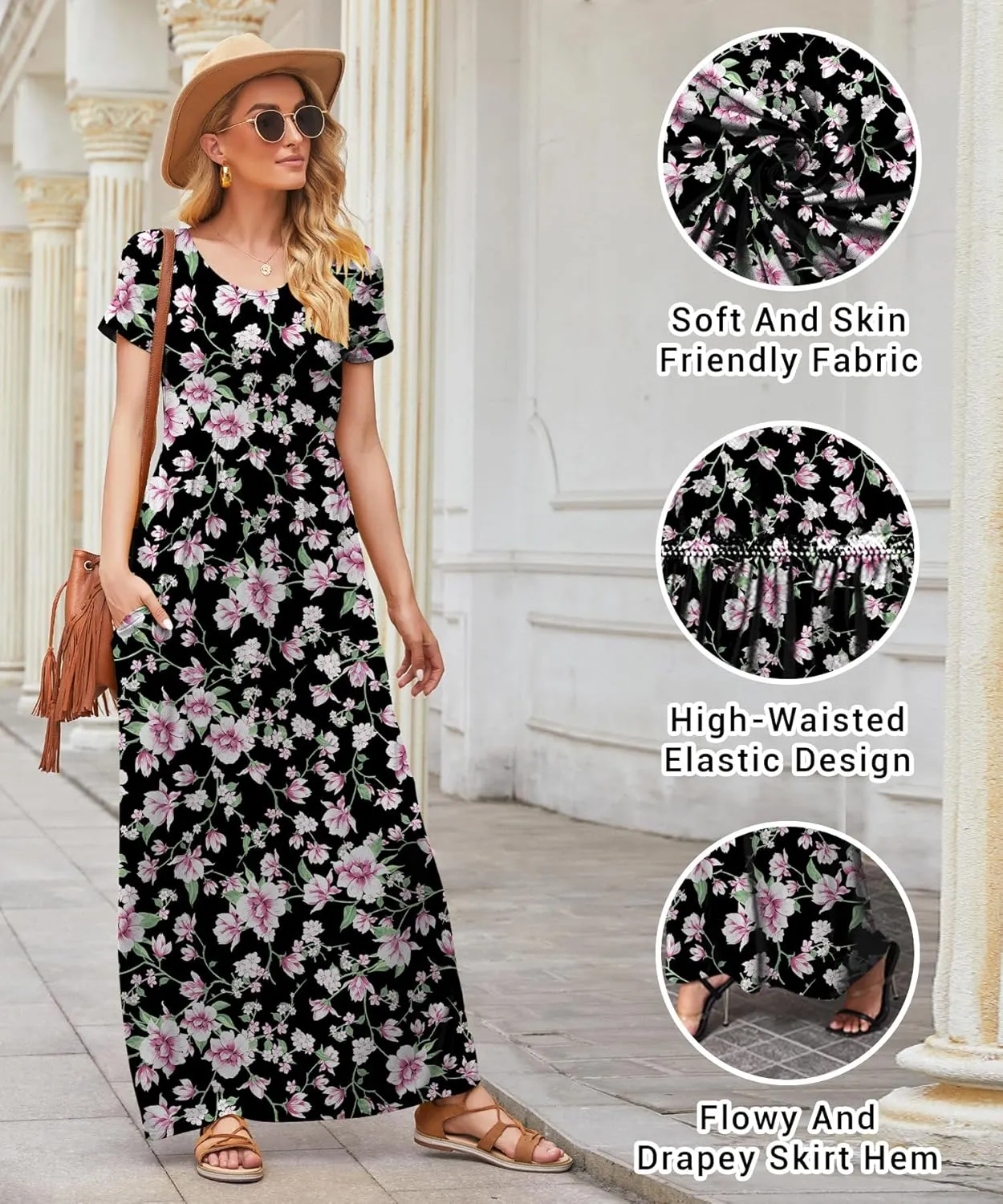 EUOVMY Women's Short Sleeve Loose Plain Maxi Dresses Casual Vacation Long Dresses with Pockets
