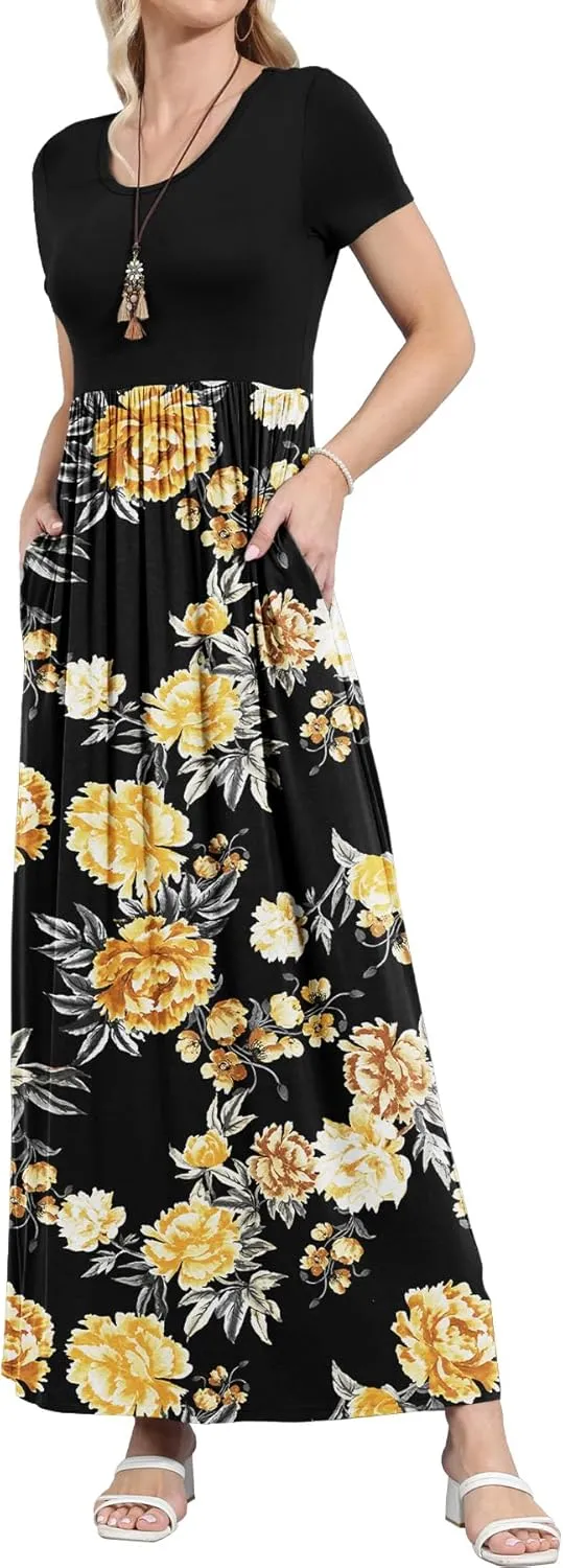 EUOVMY Women's Short Sleeve Loose Plain Maxi Dresses Casual Vacation Long Dresses with Pockets